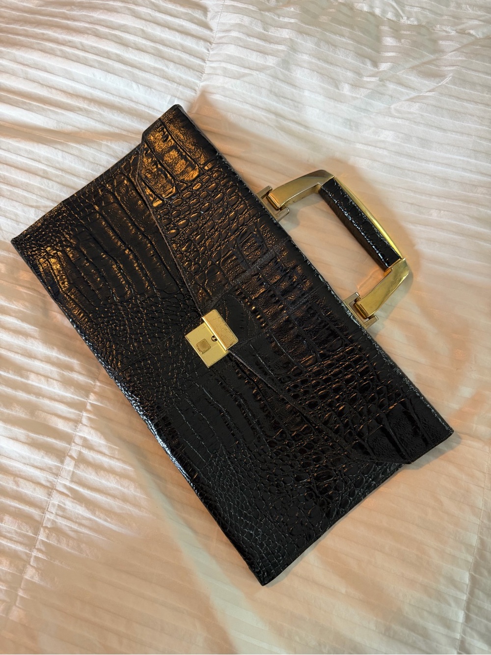 Vintage Black Croc-Embossed Leather Top-Handle Clutch with Gold Hardware